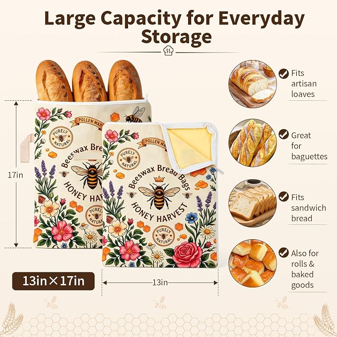 2 Pack Reusable Beeswax Bread Bags for Homemade Sourdough, 13"x17" Organic Linen & Cotton Bread Storage Bag with Zip Seal, Natural Beeswax Coating Keeps Bread Fresh Longer – Freezer Safe & Portable