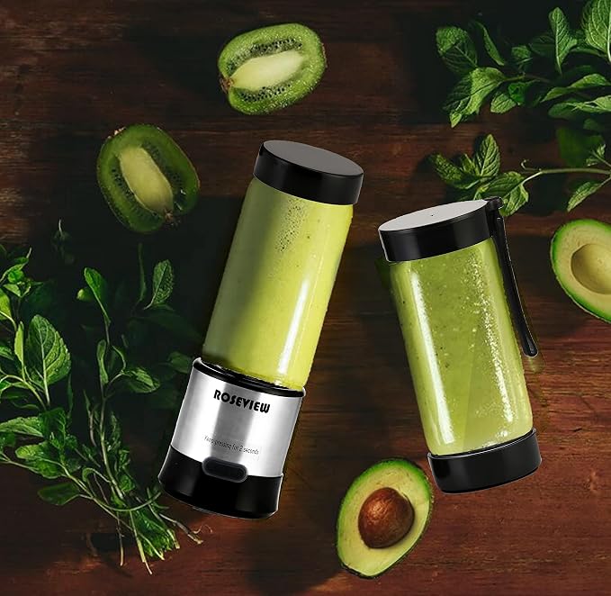 Portable Smoothie Blender ROSEVIEW Glass Cordless Mini Shakes Cup blend for smoothies USB rechargeable juicer 2 battery Handheld Personal travel Jet mixer (Black Steel) (Stainless)