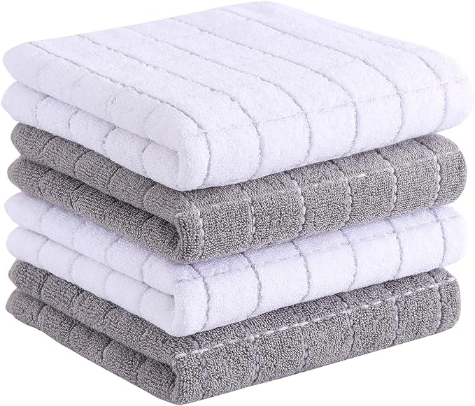 Homaxy 100% Cotton Terry Kitchen Towels, 4 Pack, White and Light Grey | Ultra Soft and Absorbent Dish Towels for Kitchen, Suitable for Drying and Washing Dishes