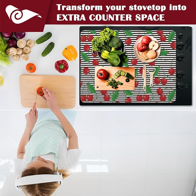 Stove Top Cover for Electric, Glass Ceramic Cherry Stripes Stove Cover, Heat Resistant Flat Stovetop Protector, Dish Drying Mats for Kitchen