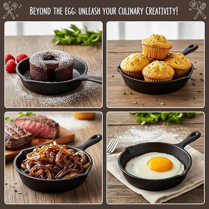 Hiceeden 4 Pack Mini Cast Iron Skillet, 4" Small Frying Pans with Double Drip-Spouts for Stove, Oven, Grill Safe, Indoor and Outdoor Use, Non-stick