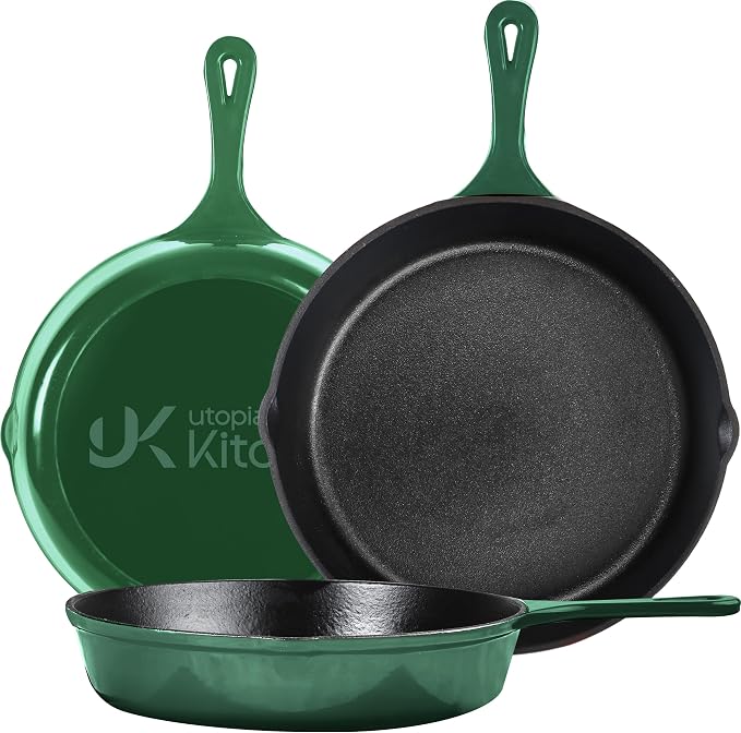 Utopia Kitchen Cast Iron Skillet Set 3 Piece 6 8 10 Inch PFAS-Free Green | Chef Pan, Even Heat Distribution, Stovetop, Campfire and Grill Safe, Large Skillet Set, Indoor Outdoor Use