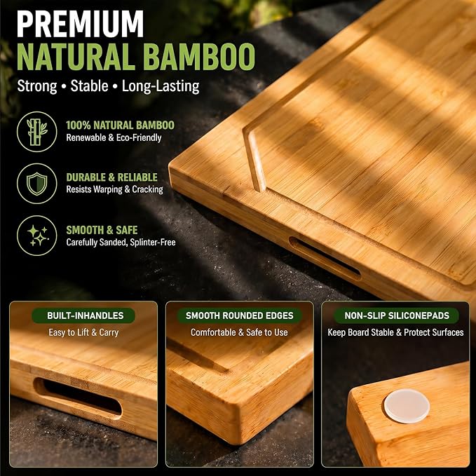 Bamboo Noodle Board Stove Top Cover 30x22 in Reversible 4-Piece Set | Wooden stovetop cover for gas & electric stove, cutting board with juice groove & handles, silicone mat, 2 trays, 8 pads