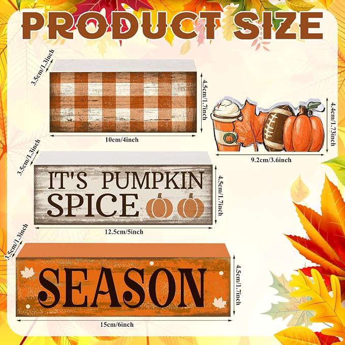 Fall Football Decorations For Home Thanksgiving Coffee Bar Table Decor | Rustic Home Tabletop Decor, Pumpkin Spice Falling Leaves Apple Cider Autumn Theme, Stackable Wooden Blocks Gift Idea Set