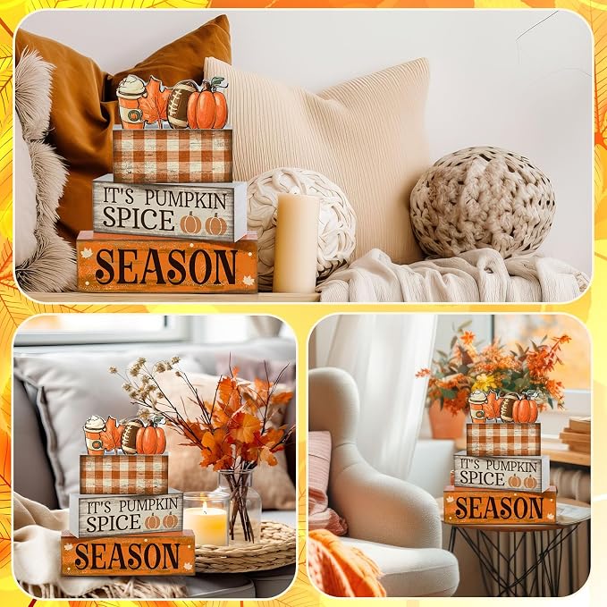 Fall Football Decorations For Home Thanksgiving Coffee Bar Table Decor | Rustic Home Tabletop Decor, Pumpkin Spice Falling Leaves Apple Cider Autumn Theme, Stackable Wooden Blocks Gift Idea Set