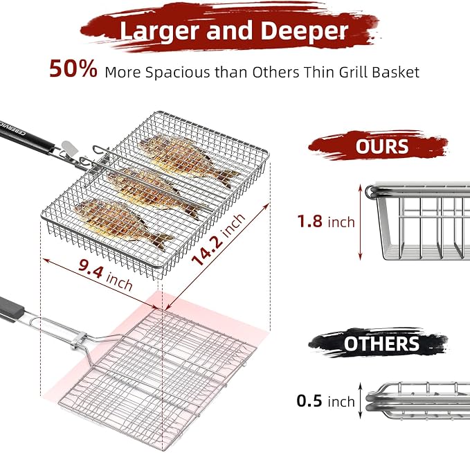 Grill Basket Extra Large, SUS304 Stainless Steel, Portable Folding BBQ Camping Grilling Rack for Fish, Vegetables, Shrimp, Barbeque Griller Cooking Accessories, Grilling Gifts for Men, Dad