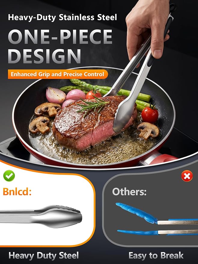 Kitchen Tongs with Teeth for Strong Gripping, 9 and 12-Inch, Black | 5-Layer Heavy Duty Stainless Steel, Good Gripping Teeth Prevent Loss of Food Into The Pot, Pull Lock, Dishwasher Safe, 1500 ℉