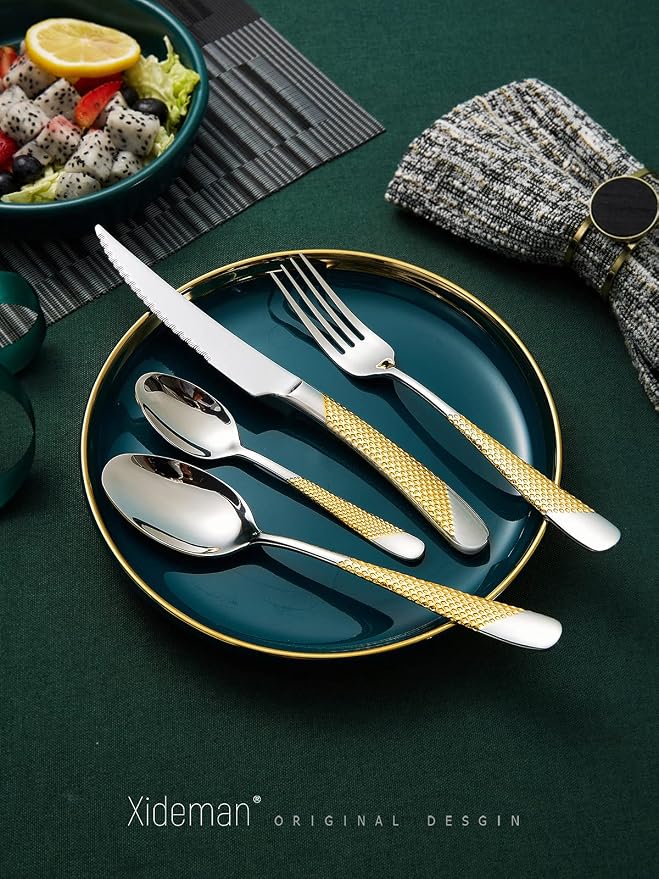 Xideman® 16-Pc Gold Silver Hammered 18/10 Stainless Steel Silverware Set | Ultra Sharp 2-IN-1 Serrated Knives, Ergonomic Non-Slip Handles, Service for 4, Rust Resistant, Dishwasher Safe