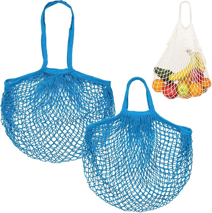 M METERXITY 2-Pack Cotton Mesh Bag, Reusable Washable Mesh Net String Grocery Bags, Reusable Produce Bags with Handle, Net Tote Bag for Fruits/Vegetables Shopping [Blue, Long&Short Handle]