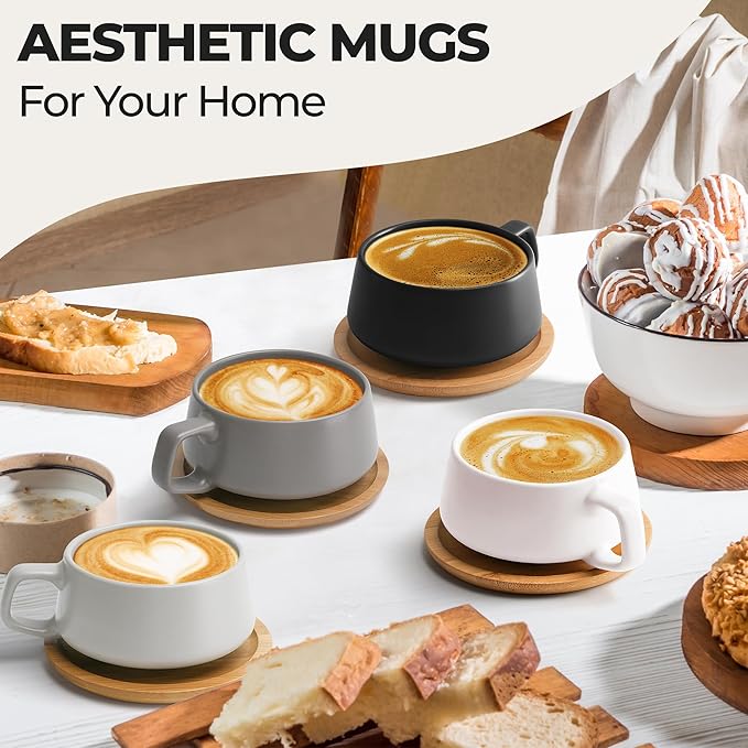 MIAMIO - Cappuccino Cup Set of 4, Ceramic (9.5oz) - Luxe (Classic Pastel) | Ceramic cappuccino cups and saucers, wide latte cups and mugs for Americano, 4-piece set of ceramic cups - dishwasher safe