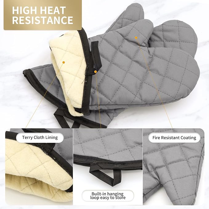 ARCLIBER 15" Terry Oven Mitts 1 Pair Flame Resistant Heat Resistant | Quilted Lining, 1 Pair, Heat Resistant, Classic, Cotton Blend, Cooking, Baking, Grilling, Non-Slip Grip