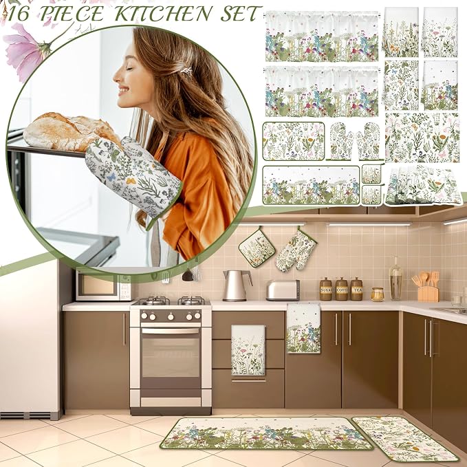 Fourluoo 16 Pcs Wildflower Floral Kitchen Decor Set Spring Kitchen Towels and Dishcloth Non Slip Rug Floor Mat Farmhouse Flower Oven Mitts and Pot Holder Retro Curtain Set for Home Decoration Gift
