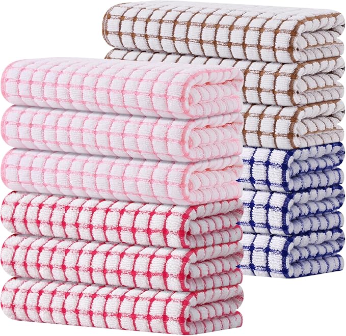 Kitinjoy Cotton 12 Pack Terry Kitchen Towels, Mix Colour | 16 x 25 Inches Super Soft and Absorbent Dish Towels, Quick Drying hand towels for kitchen Drying