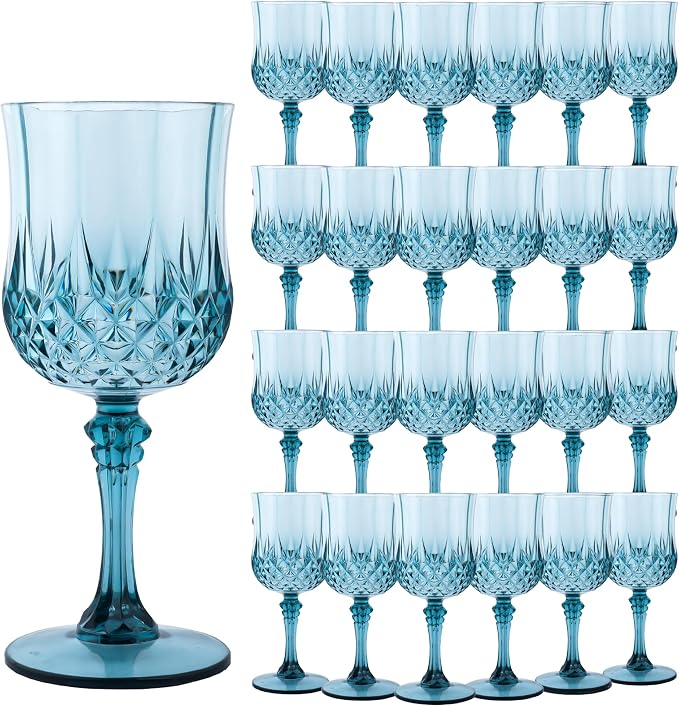 24Pack Plastic Wine Glasses, 7oz Vintage Goblets for Wedding | Unbreakable Crystal Style Reusable Stemware, Elegant Dusty Blue Drinking Glass for Party Anniversary & Holiday Celebration
