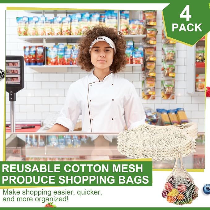 Paterr 4 Pack Cotton Mesh Produce Bags Bulk,Short Handle,Beige | Reusable Mesh Grocery Bags Bulk, Washable Net Market Tote String Shopping Bags, for Vegetable Fruit Beach Picnic Food Storage