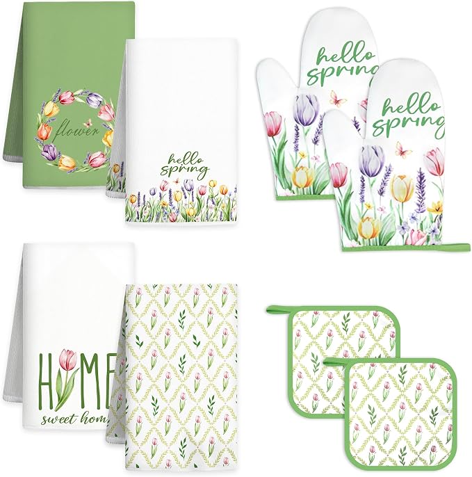8 Pcs Tulip Floral Spring Style Kitchen Towels Oven Mitts Pot Holders Sets 4 Dish Towels 2 Absorbent Square Potholders 2 Heat Resistant Glove for Cooking Baking Home Mother’s Day Gifting ﻿