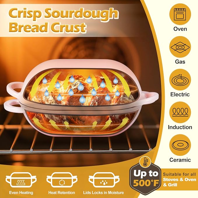 Homikit Enameled Cast Iron Dutch Oven for Bread Baking, 2.8 QT Oval Bread Oven Pot with Lid, 9.5 x 5.7 Inch Sourdough Loaf Baking Pan for Homemade Bread, Heavy Duty & Oven Safe, Pink