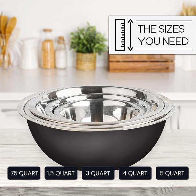 WHYSKO Stainless Steel Mixing Bowls Set, 5-Piece Meal Prep & Food Storage | .75, 1.5, 3, 4 & 5 Quart Metal Mixing Bowls Set for Prep, Serving, Baking & Food Storage, Ecofriendly, Dishwasher Safe, Black