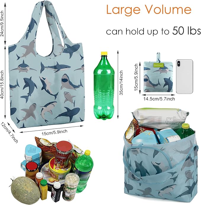 BeeGreen Animal Reusable Shopping Bags Cute Grocery Bag 6 Pack, Christmas Gift Bags Heavy-Duty Foldable Shopping Totes for Supermarket, Work & Travel, Large Washable Polyester Tote Bag with Handles