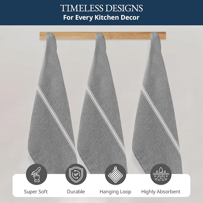 LANE LINEN 100% Cotton Kitchen Towels Set - 6 Pack Kitchen Dish Towels, Soft & Durable Size 14"x25", Good for Polishing Silverware, Cleaning Ceramic Countertops, Machine Washable - Grey Chambray