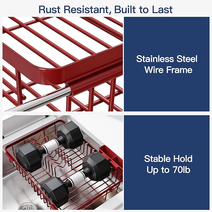 JASIWAY Red Dish Drying Rack Over the Sink with Utensil Holder | Expandable Stainless Steel Dish Driainers for Small Kitchen, Counter Space Saving, Fast Drain, Rust Resistant, For Apartment