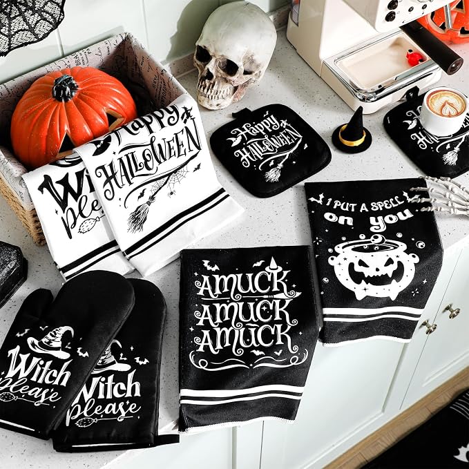 Fanfanwin 10 Pcs Halloween Kitchen Decor Accessories Set Witch Style | Halloween 4 Kitchen Towels 2 Pot Holders 2 Oven Mitts 2 Rugs Set, for Baking Cooking BBQ Autumn Home Decor Holiday Gifts