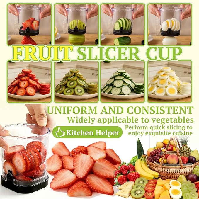 Hendiy Strawberry Slicer, Black, 1-Pack | Stainless Steel Blades, Egg & Fruit Slicer Cup, For Banana, Cucumber, Mushroom, ABS Detachable, Precision Berry Cutter Tool