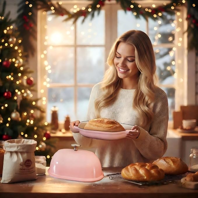 Cast Iron Bread Oven,6 QT Bread Oven,Thick Enameled Loaf Pan with Lid,Bread Pans for Homemade Bread,14.5"Dutch Oven for Bread Baking,Dutch Oven-with Silicone Baking Mat&Recipe,Gifts for Family,Pink