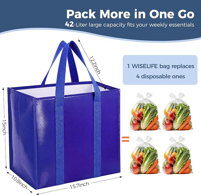 Reusable Grocery Bags, Waterproof & Foldable Shopping Bags Stand Upright | Heavy Duty Shopping Tote Bags, Waterproof & Foldable with Long Handles for Bulk Shopping, Versatile Storage 10 Pack-42L