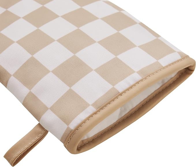 Ohocut Beige Checkered Mini Oven Mitts Heat Resistant, Vintage Retro Checkerboard Mini Silicone Oven Mitts Cute, Non-Slip Small Short Kitchen Oven Gloves Set of 2
