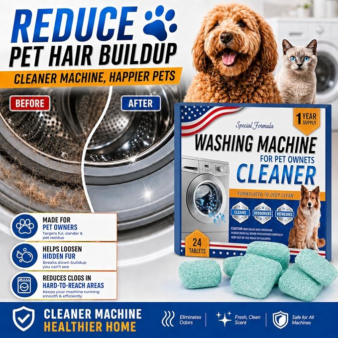 24 Pack Washing Machine Cleaner Tablets – Special Formula for Pet Owners, Remove Cat & Dog Hair, Dissolve Stubborn Dirt, Eliminate Pet Odor, Compatible with Top & Front Load, HE Washers, 1 Year Supply