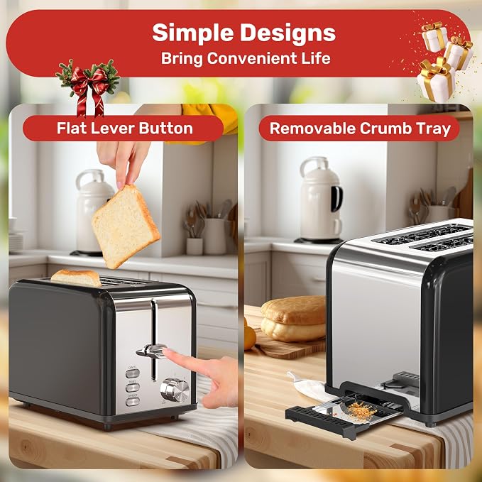 YSSOA Stainless Steel Toaster 2 Slice with Extra Wide Slot & Removable Crumb Tray, 6 Shade Settings and Bagel/Defrost/Cancel Functions, Compact Oven, for Various Bread & Waffle, Black (Pack of 1)