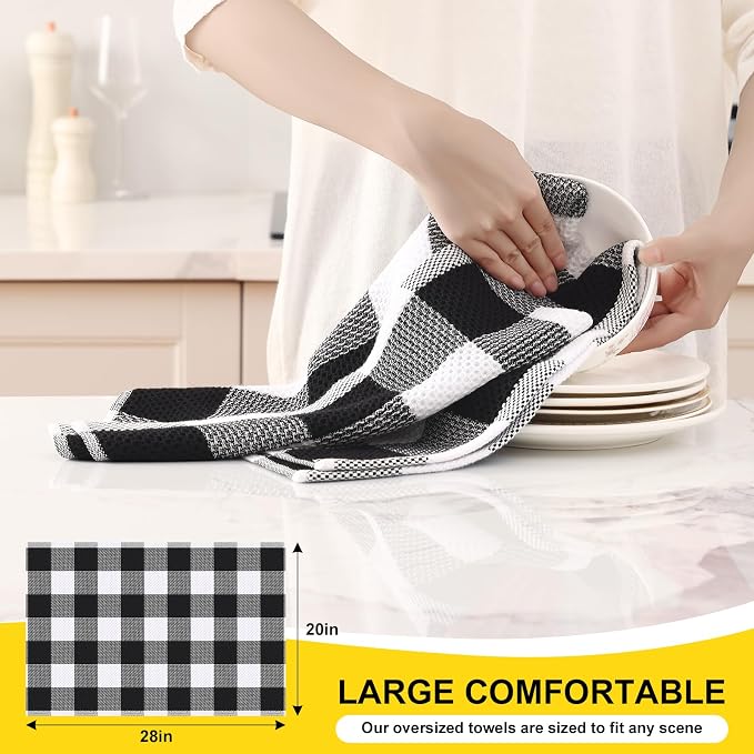 Homaxy Kitchen Towels and Dishcloths Set, Set of 8, White & Black | Bulk Cotton Waffle Weave Check Plaid Kitchen Towels, Super Soft and Absorbent Dish Cloths, 12 x 12 and 20 x 28 Inches