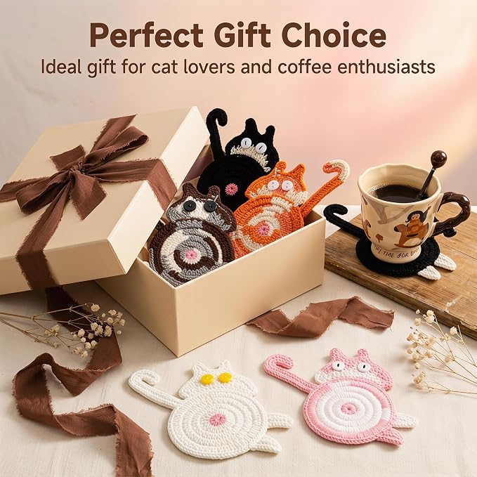 Cat Gifts for Cat Lovers 5PCS Cat Coaster Woven Creative Cat Coaster
