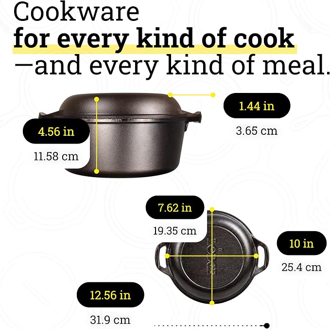 Lodge Cast Iron Double Dutch Oven 5 Quart - Pre-Seasoned 2-in-1 Cast Iron Cookware - Pot & Skillet Combo - Even Heat Retention - Oven-Safe, Versatile Pot