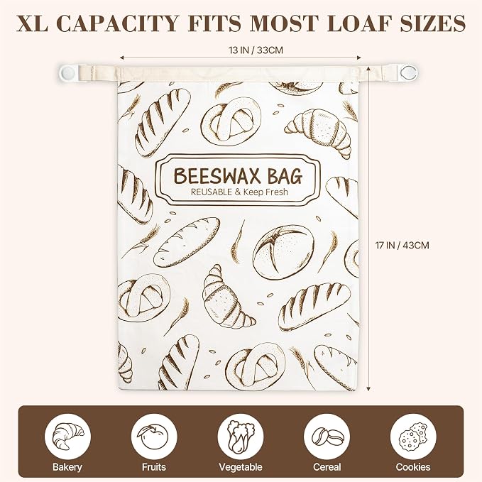 Beeswax Bread Bag, Reusable Bread Bags for Homemade Bread, 2 Pack Beeswax Bread Bags for Sourdough, Natural Cotton Sourdough Bread Bag, Large Capacity