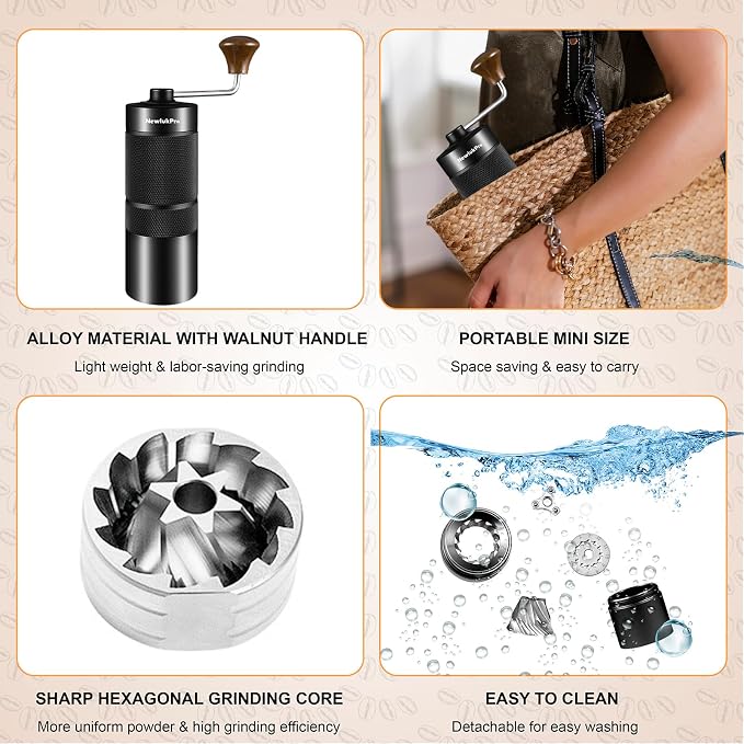 M6 Hand Coffee Grinder for Espresso Pour Over French Press Moka | 24 Adjustable Settings,Hexagonal Conical Burr,All Metal Body,Portable Compact Hand Grinder for Travel, Camping,Home & Office