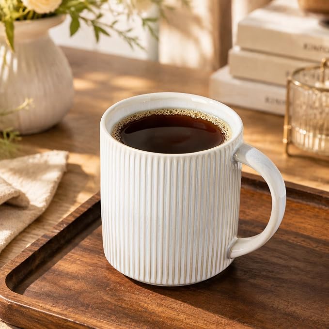theterra Ceramic Coffee Mugs Set of 6, 14.2 oz Coffee Cups with Handle | Handmade, Suitable for Latte, Tea, Milk, Beer & Hot Cocoa, Reactive White