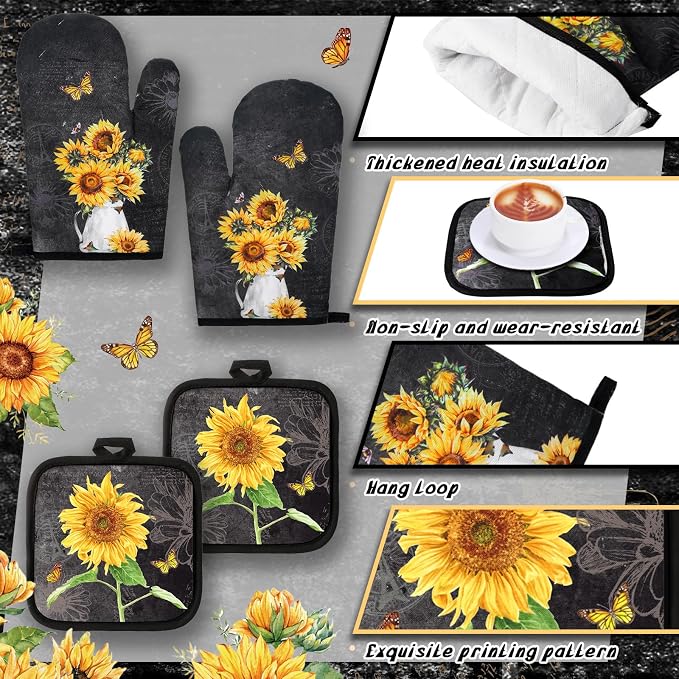 Fourluoo 10 Pcs Vintage Sunflower Kitchen Dish Towels Rugs Oven Mitts and Pot Holders Set Farmhouse Kitchen Decor Set for Women Mom Daughter Gift Cooking Baking Grilling(Vintage Gray)