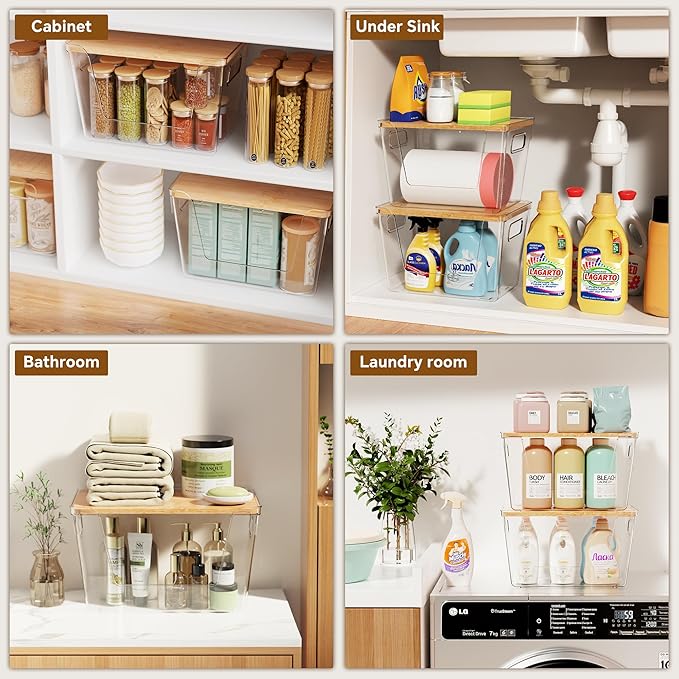 2 Set Pantry Organizers and Storage with Bamboo Lids, Stackable Clear Bins for Onion, Potato, Fruit, Vegetables, Trash Bag Dispenser, Kitchen and Under Sink Organizer