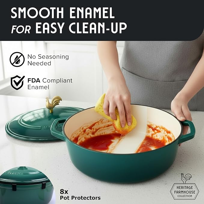 MUELLER HOME 5.5 Quart Enameled Cast Iron Oval Dutch Oven with Rooster Knob and Cotton Potholders, Heavy-Duty Cookware, Oven-Safe up to 500° F & Across All Cooktops, Thanksgiving Essentials, Emerald | Rooster Knob, Cotton Potholders Included, Heavy-Dut...