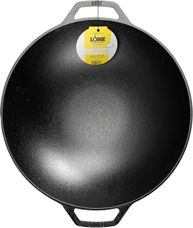 Lodge 14 Inch Cast Iron Wok with Dual Loop Handles – PFAS FREE Pre-Seasoned Family Size Stir Fry Pan – Stovetop & Oven Safe Heavy Duty High-Heat Retention Wok – Made in USA