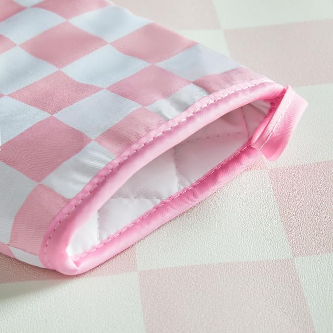 Ohocut Pink Checkered Oven Mitts Heat Resistant, Vintage Retro Checkerboard Cute Oven Mitts, Non-Slip Silicone Kitchen Gloves 1 Pair 7''x13''