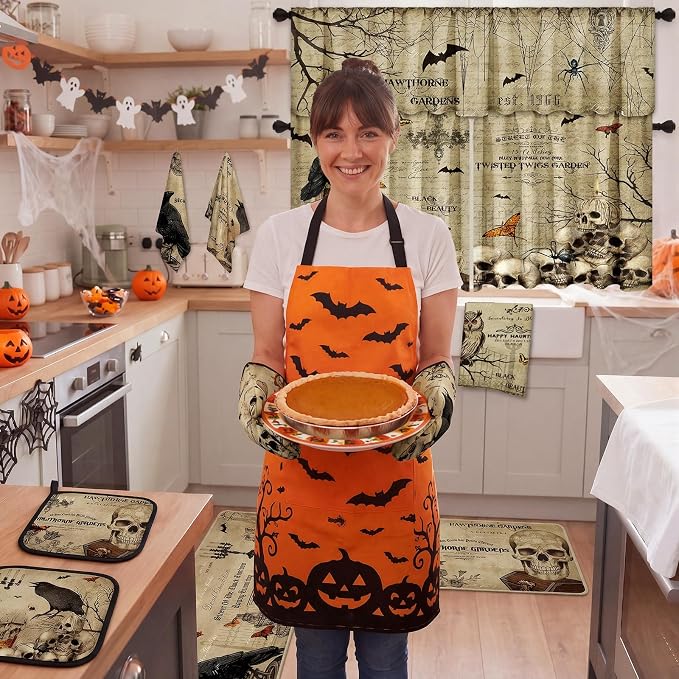 13 Pack Vintage Gothic Halloween Kitchen Decor Set, 3 Curtain Valance 2 Non Slip Rugs 4 Kitchen Towels 2 Pot Holders 2 Oven Mitts, Skull Raven Owl Spooky Print for Cooking Baking