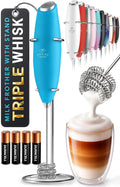 Zulay Kitchen Powerful Milk Frother Wand With Duracell Batteries - Ultra Fast Handheld Drink Mixer - Electric Whisk Foam Maker for Coffee, Lattes, Cappuccino & Matcha - Triple Whisk - Pacific Blue