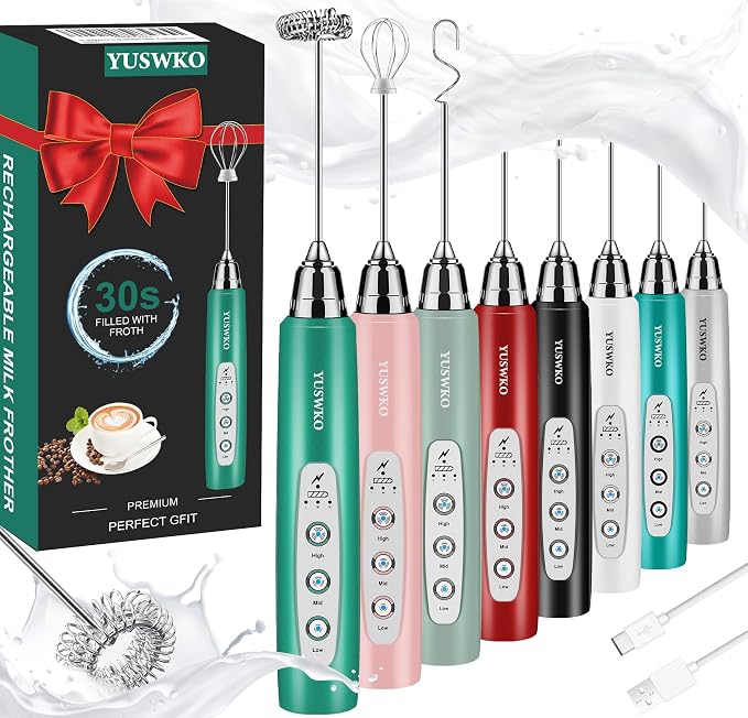 YUSWKO Handheld Milk Frother Wand for Coffee, Rechargeable Electric Whisk with 3 Heads 3 Speeds Drink Mixer Coffee Frother For Latte, Cappuccino, Hot Chocolate, Egg, Green