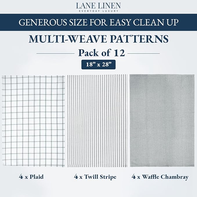 LANE LINEN Kitchen Towels & Dishcloths Set of 12-100% Cotton, Quick-Drying 18” x 28” Absorbent Dish & Tea Towels, Soft Hand Towels for Kitchen - Grey