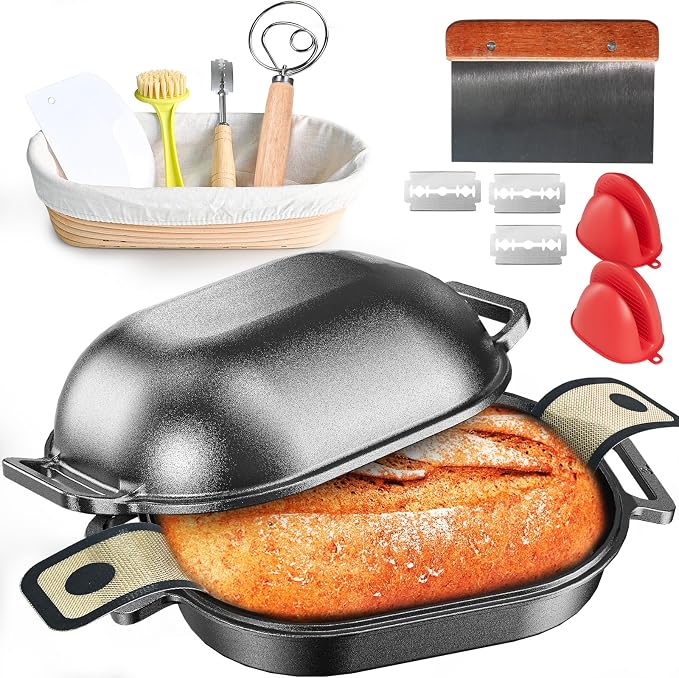 7.5QT Dutch Oven for Sourdough Bread Baking, Cast Iron Bread Pan with Lid | Advanced Multi-Functional Dutch Oven With Banneton Bread Proofing Basket & Baking Supplies, Cast Iron Bread Pan With Lid