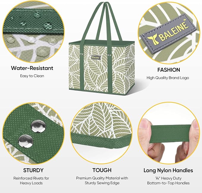BALEINE 3PK Reusable Grocery Bags, Heavy Duty Shopping Tote Bag | 12'' Long Handles, Reinforced Bottom Keeps Upright, Fold Flat Storage, Water-Resistant Shopping Bag, Multiple Color Options