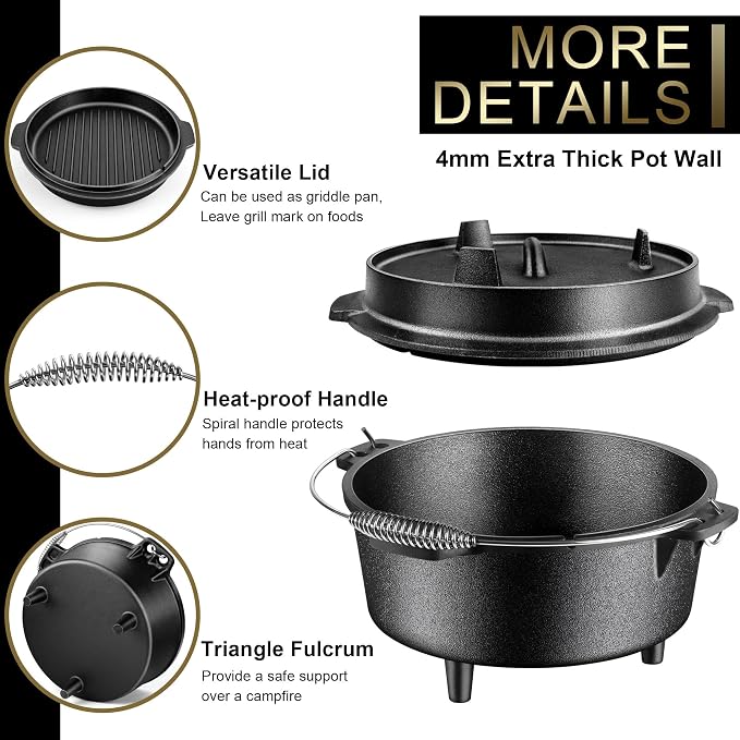Joyfair Pre-seasoned Cast Iron Camp Dutch Oven with Accessories, 5QT Pot | Open Fire Camping Cookware with 2QT Skillet Lid For Outdoor Campfire Cooking - Baking Sourdough Bread, Oven Safe